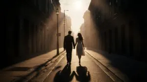 Two Shadows Long Walk Empty Street Romantic