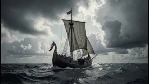 Viking Longship Sailing on Stormy Sea