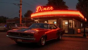 Vintage Muscle Car Parked at a Diner