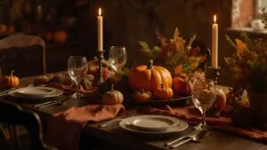 Vintage Thanksgiving Dinner Table Setting Warm Tones Still Life