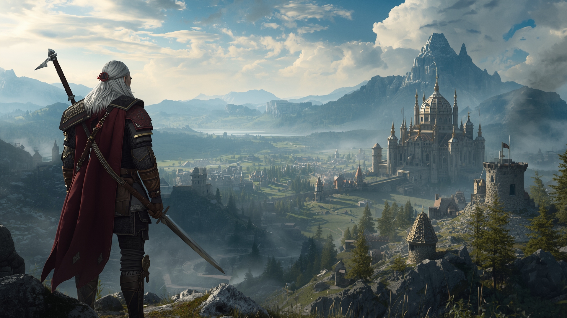 warrior hero staring at distant kingdom wallpaper, fantasy, character, epic, hero, kingdom, quest, staring, warrior, desktop, mobile, background