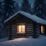 Winter Snowfall Cabin View Cozy Window Light Scene