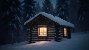 Winter Snowfall Cabin View Cozy Window Light Scene