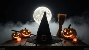 Witch Hat and Broomstick Flat Lay
