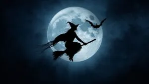 Witch Silhouette Flying Over Full Moon