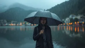 Woman Walking Through Rain with Umbrella
