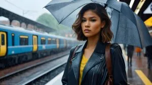 Zendaya Waiting at a Train Station During Rain