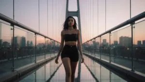 Zendaya Walking Across a Glass Bridge at Dusk