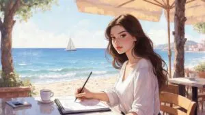 Zendaya sketching in a seaside café