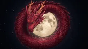 Crimson Dragon Coiled Around the Moon