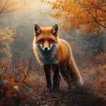 Red Fox in Autumn Forest Misty