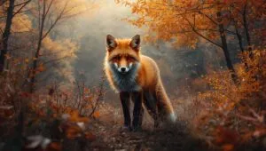 Red Fox in Autumn Forest Misty