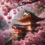 Sakura Blossoms Over a Temple