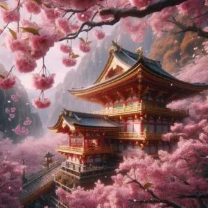Sakura Blossoms Over a Temple